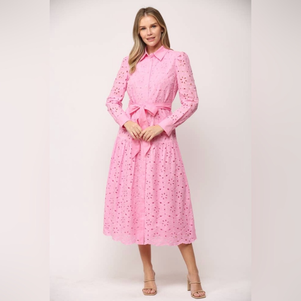 NWT Ava Pink Eyelet Lace Belted Midi Dress